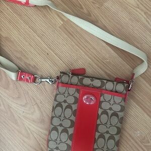 Tan and Red Signature Crossbody Bag